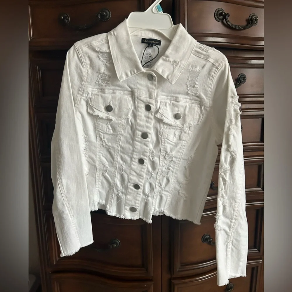 Shinestar White Distressed Cropped Denim Jacket Y2K Mini Baddie Girls Small